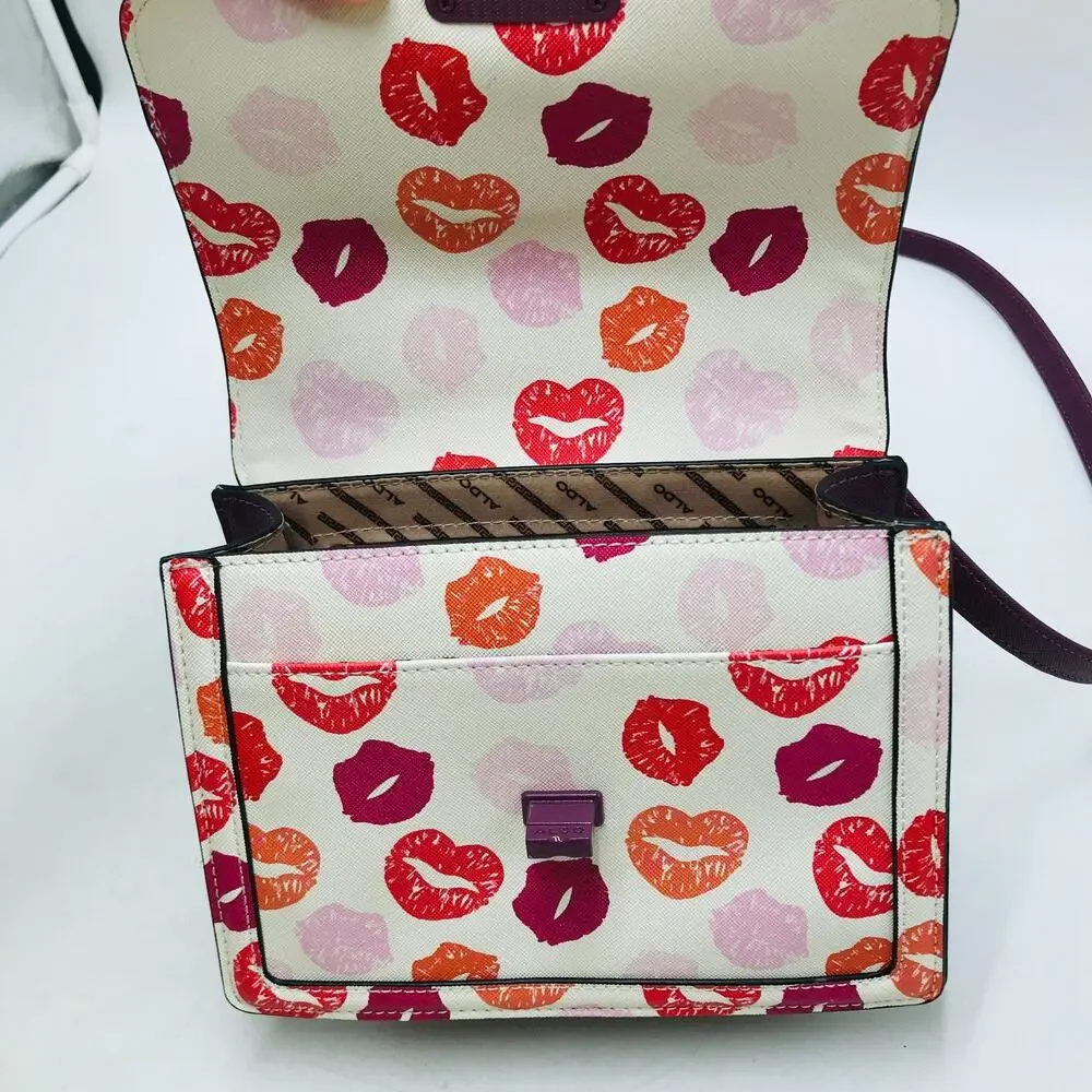 Aldo Valentine's Multicolor Lipstick Kisses Small Satchel Handbag Purple Flaw
